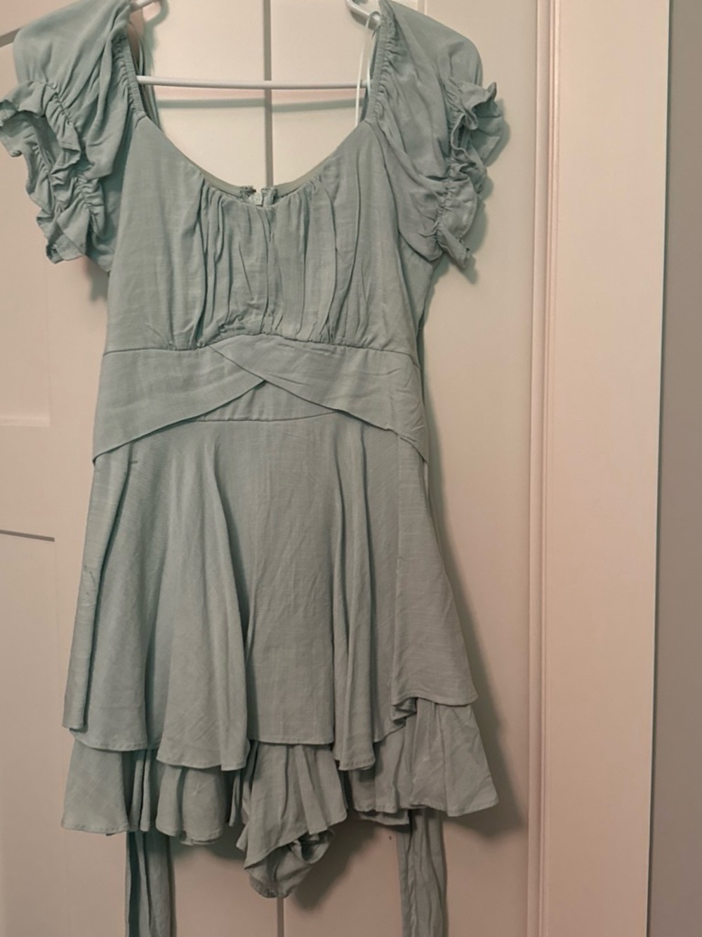 Altar'd State Mint Ruffle Sleeve Tiered Mini Dress